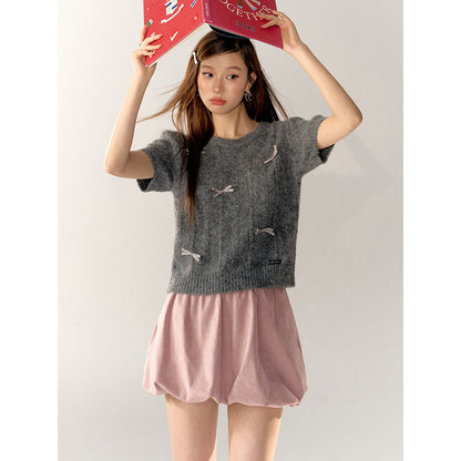 AsGony Bow Tie Puff Sleeve Knit Top Gray