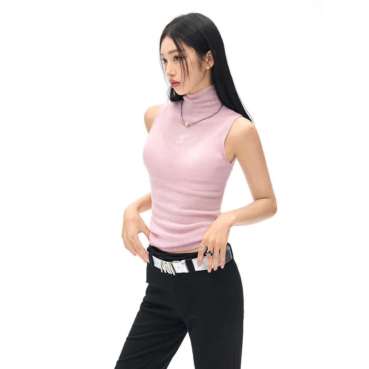 NotAwear Logo Embroidery Turtleneck Woolen Vest Pink