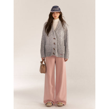 AsGony Contrast Color Elastic-Waist Casual Pants Pink