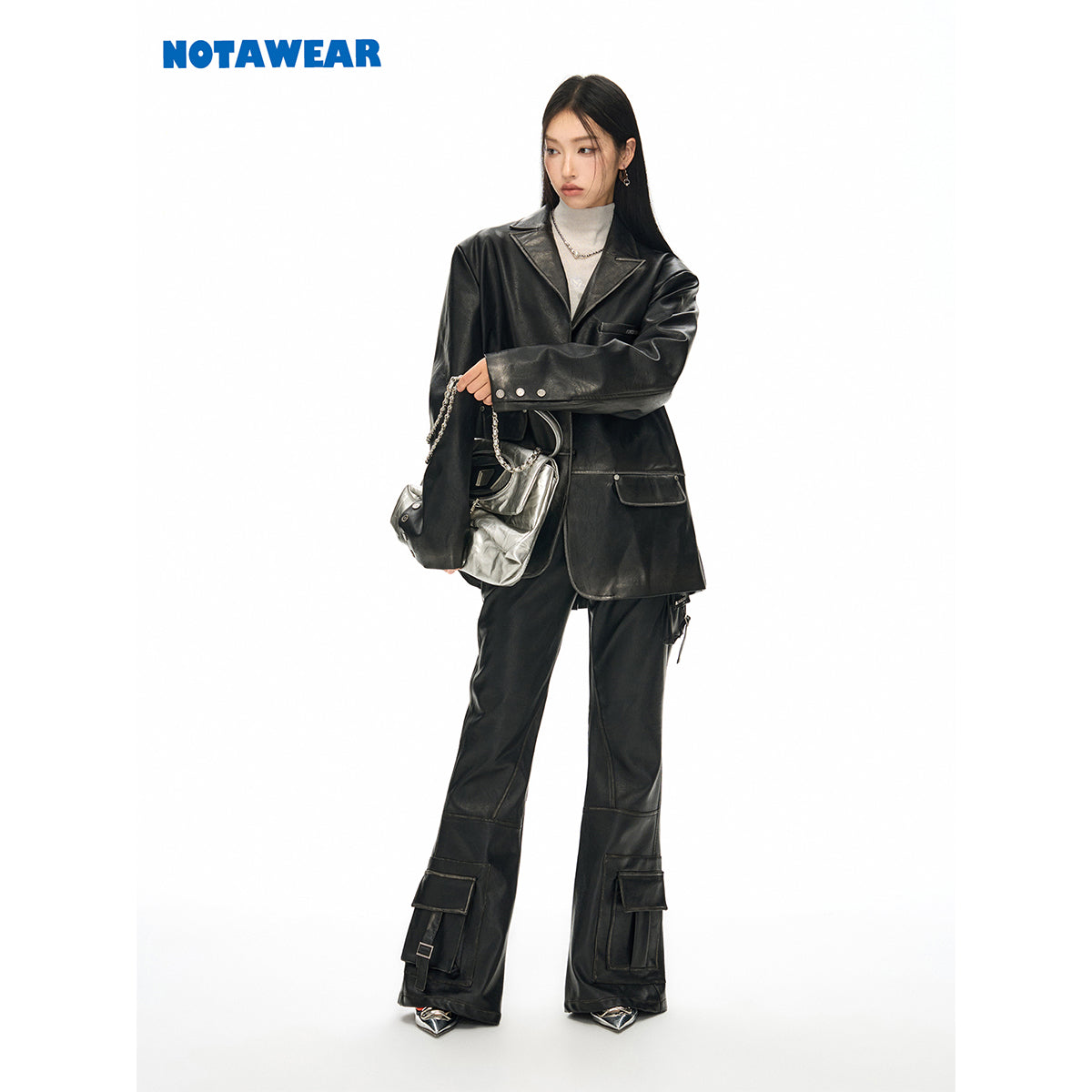 NotAwear Metal Logo Washed Black Leather Jacket