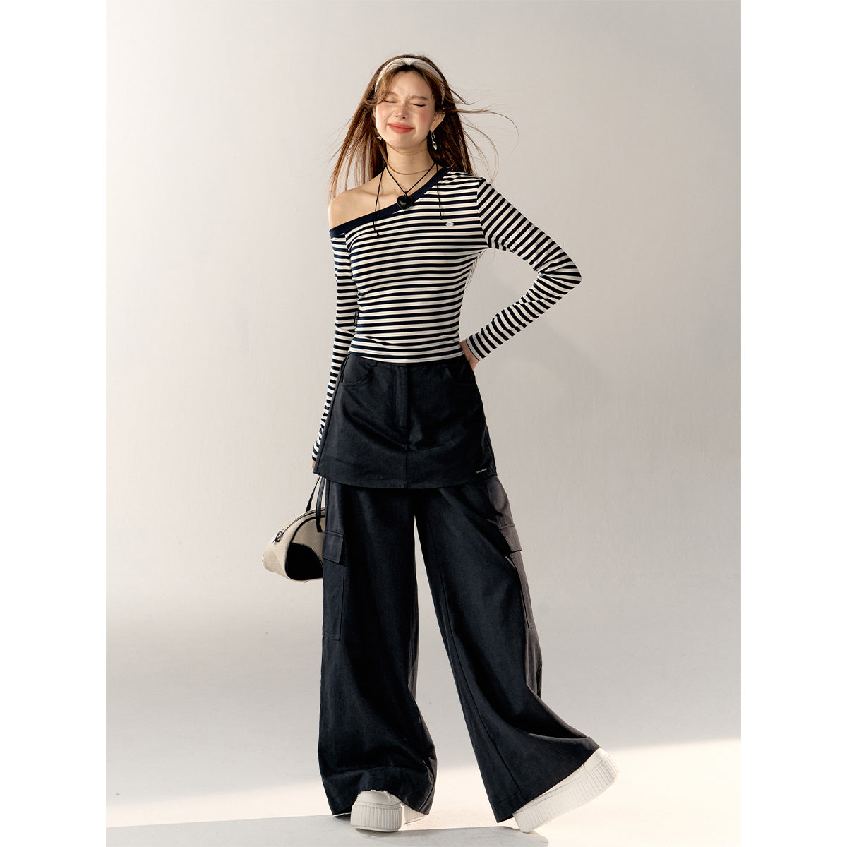 AsGony Fake-2-Piece Wide-Leg Casual Cargo Pants Navy Blue