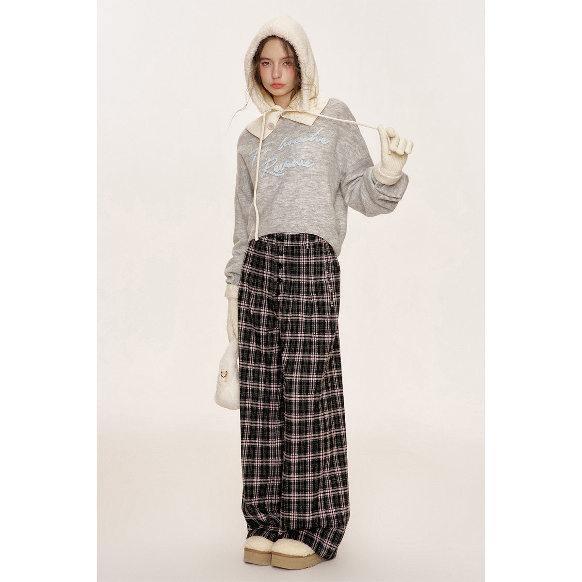 Kroche Plaid Long Breasted Wide-Leg Tweed Pants