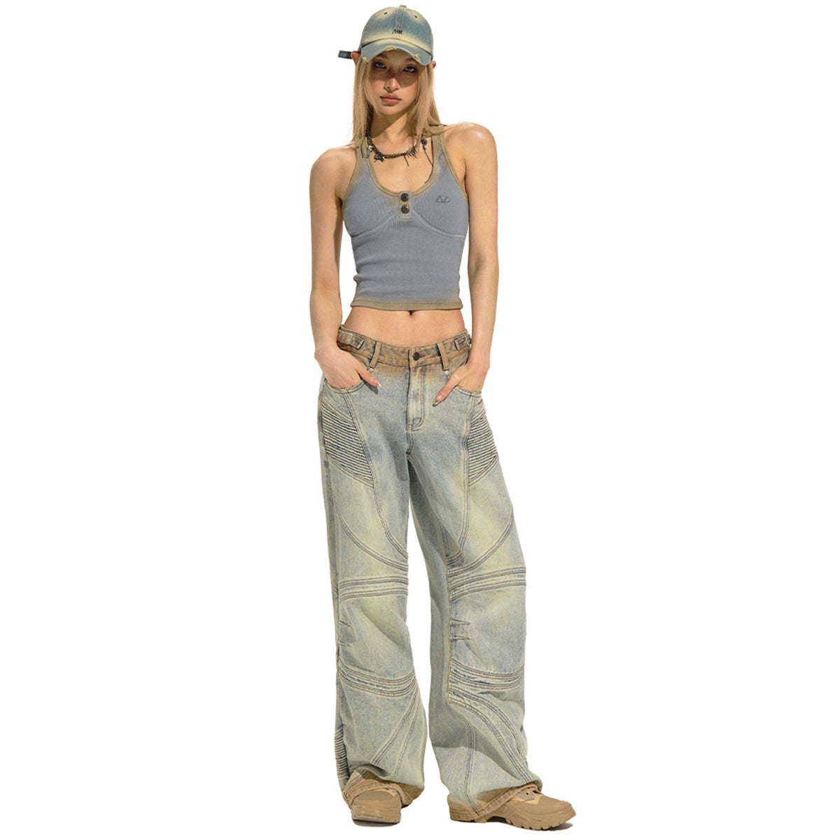 NAWS Distressed Washed Low-Rise Wide-Leg Jeans