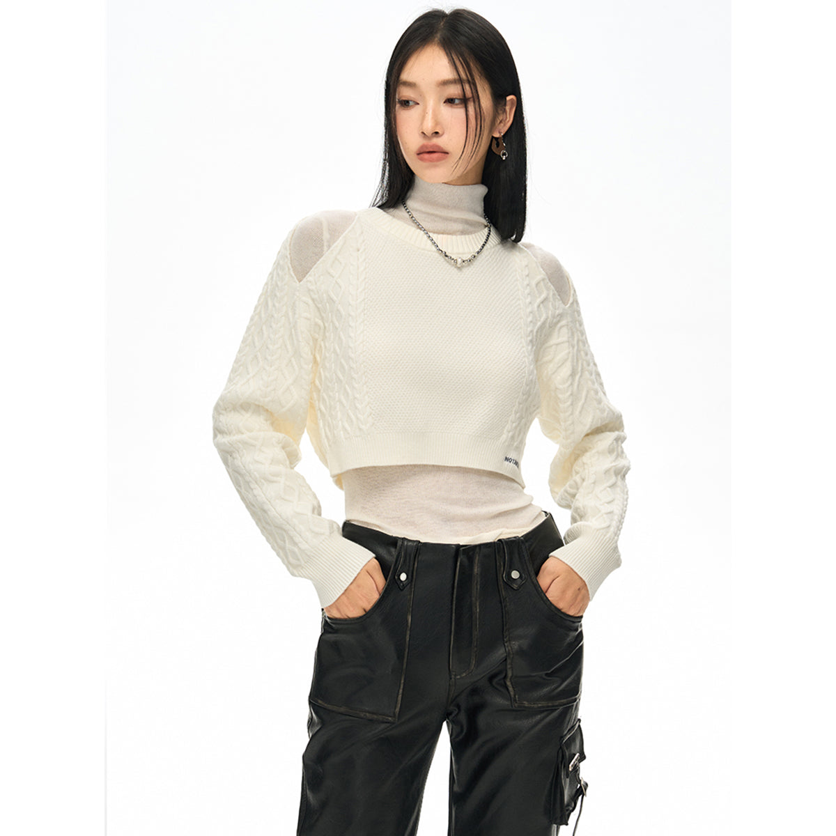 NotAwear Hollow Out Cutting Crop Knit Sweater White