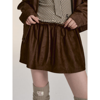 Via Pitti Fake-2-Piece Suede Short Skirt Brown