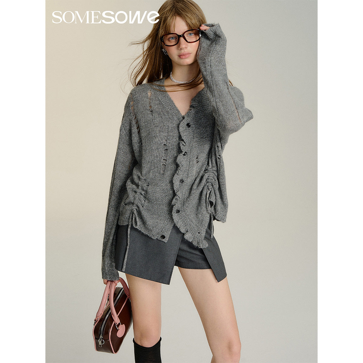 SomeSowe Destroyed Wrinkle Knit Cardigan Gray