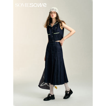 SomeSowe Contrast Color Sailor Collar Denim Top