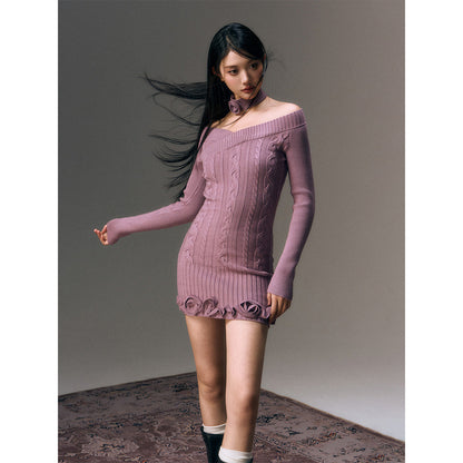 AGAM Cross Off-Shoulder Rose Collar Knit Dress Purple