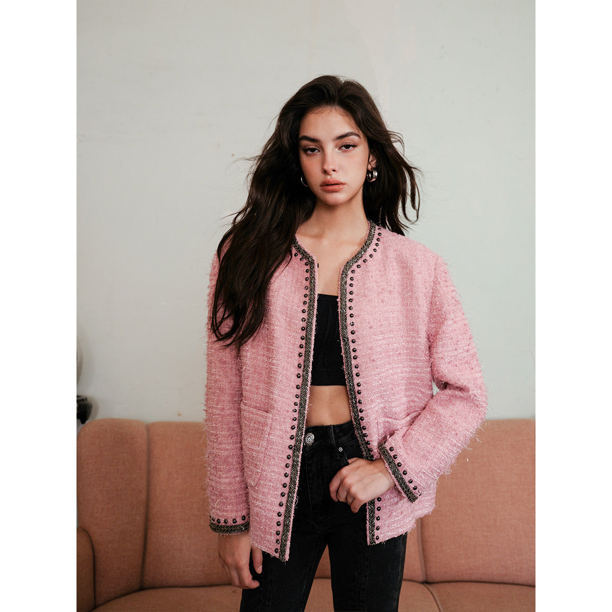 Rocha Roma Color Blocked Tweed Jacket Pink