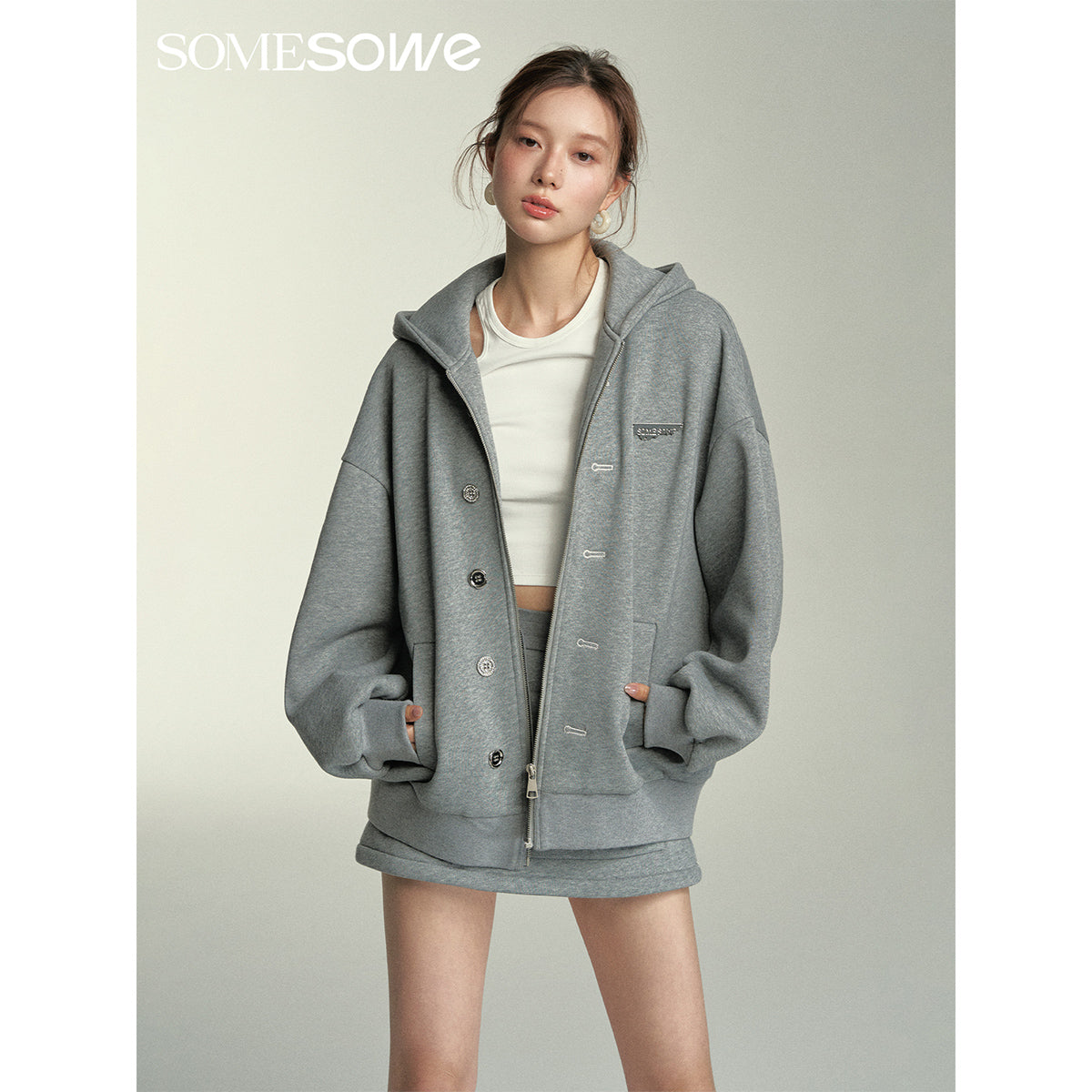 SomeSowe Button-Up Hooded Top Jacket Grey