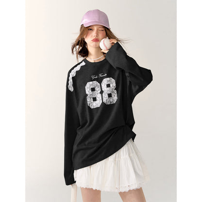 AsGony Retro Lace Patchwork L/S T-Shirt Black