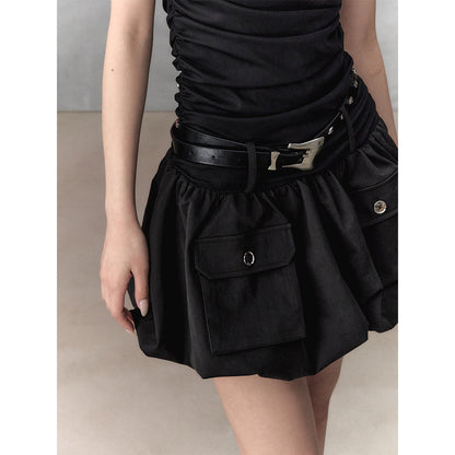 Via Pitti Patchwork Cargo Pockets Puff Dress Black