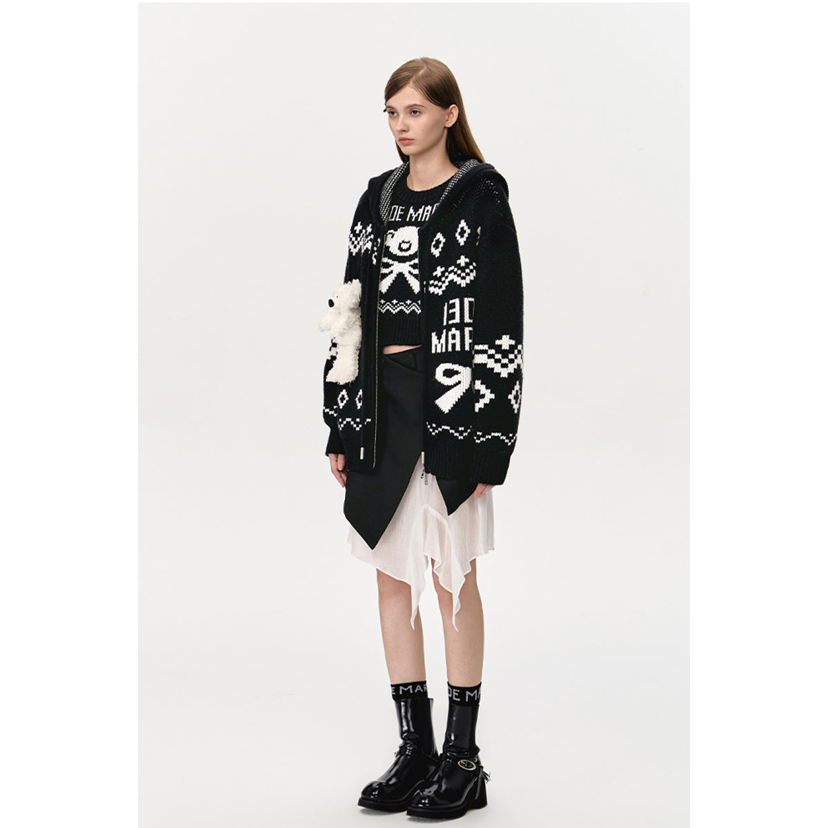 13De Marzo Fair Isle Jacquard Knit Hoodie Black