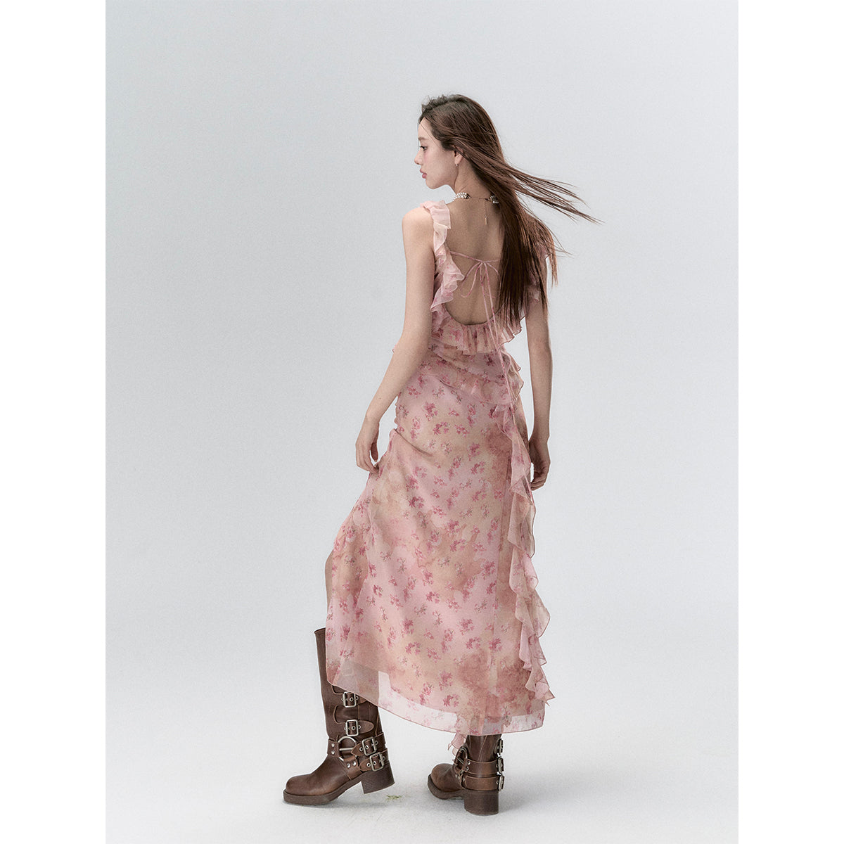 Via Pitti Distressed Ribbon Halter Floral Long Dress