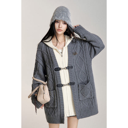 MacyMccoy Fake-2-Piece Hooded Silhouette Knit Cardigan Gray