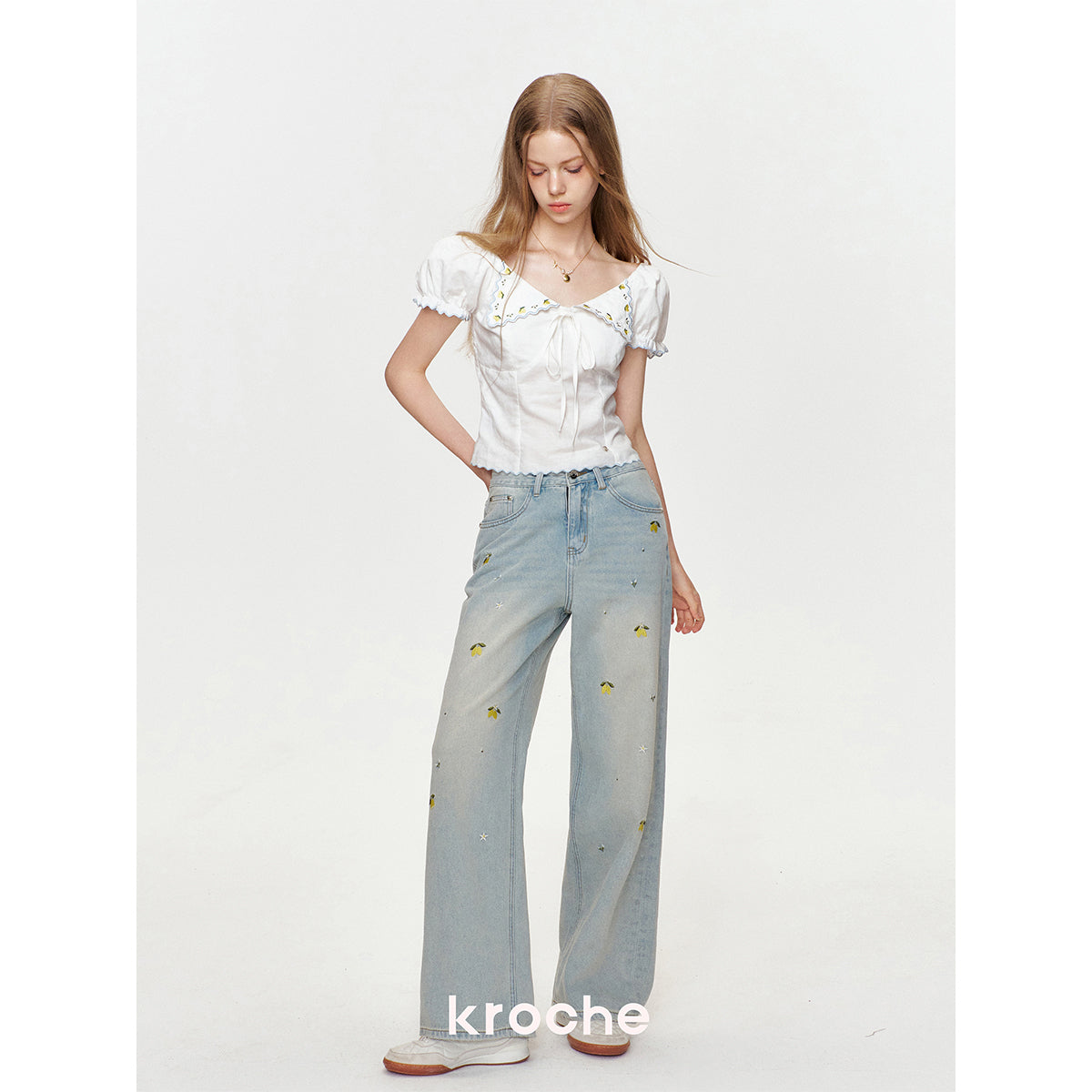 Kroche Lemon Embroidery Lace Up Shirt Top White