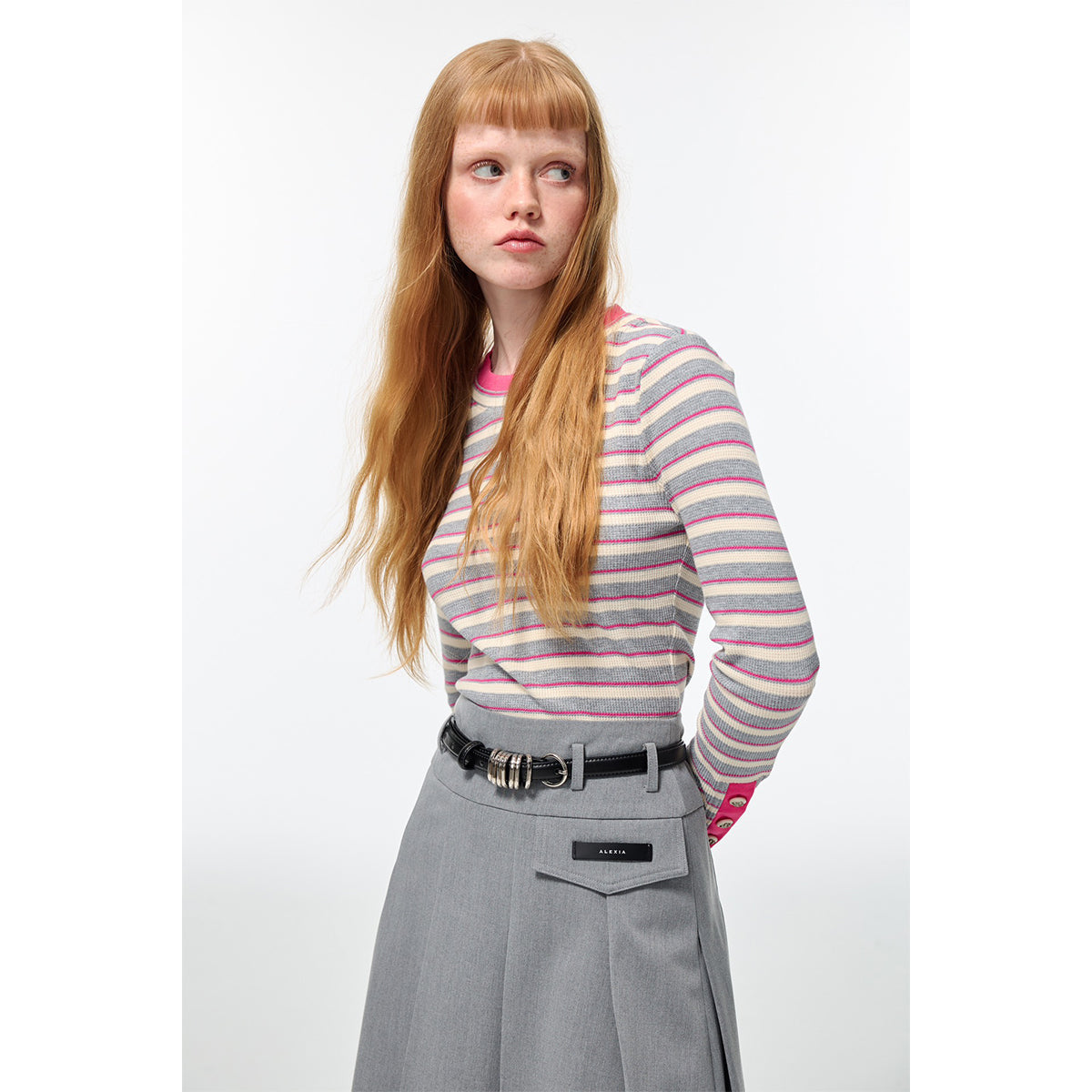 Alexia Sandra Striped Round Neck L/S Knit Top Grey/Pink