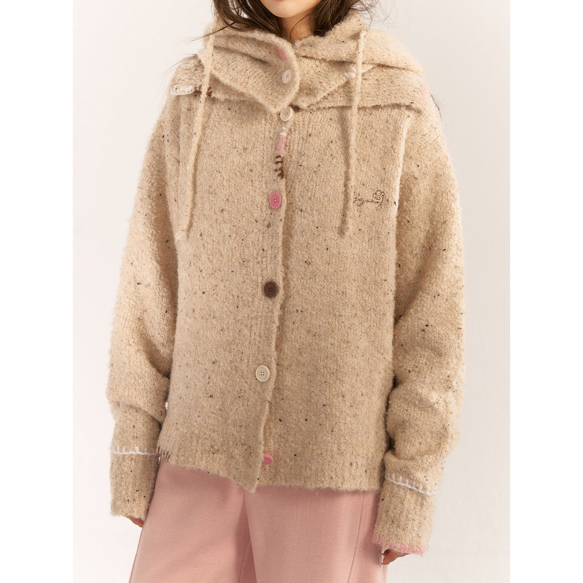 AsGony Blended Woolen Color Button Knit Cardigan