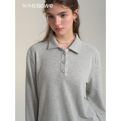 SomeSowe Lace Patchwork Polo Long Sleeve T-Shirt Gray