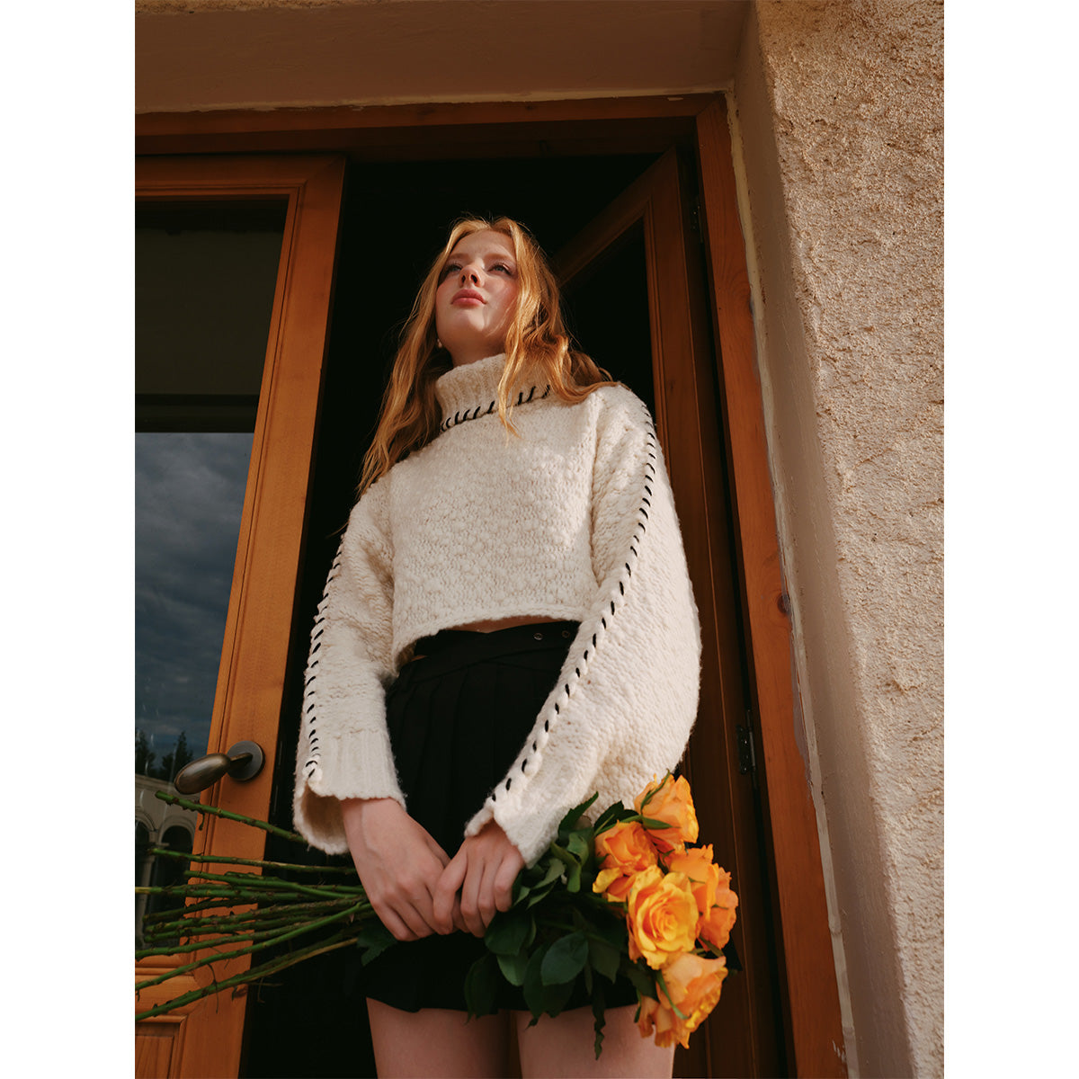 Rocha Roma Tweed Woolen Turtleneck Sweater White