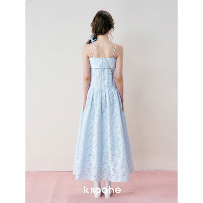 Kroche French Jacquard Halter Long Dress Blue