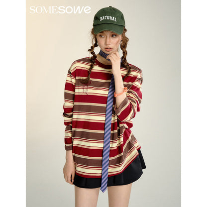 SomeSowe Retro Striped Long Sleeve T-Shirt Red