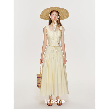 Kroche Bow Wrinkle Lace Edge Long Skirt Yellow