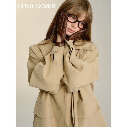 SomeSowe Detachable Big Bow Long Jacket Khaki