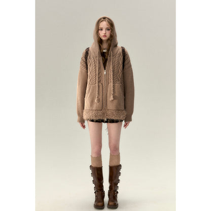 Via Pitti Fuzzy Edge Hooded Twist Knit Zipped Cardigan Brown