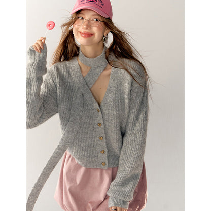 AsGony V-Neck Halter Ribbon Short Knit Cardigan Gray