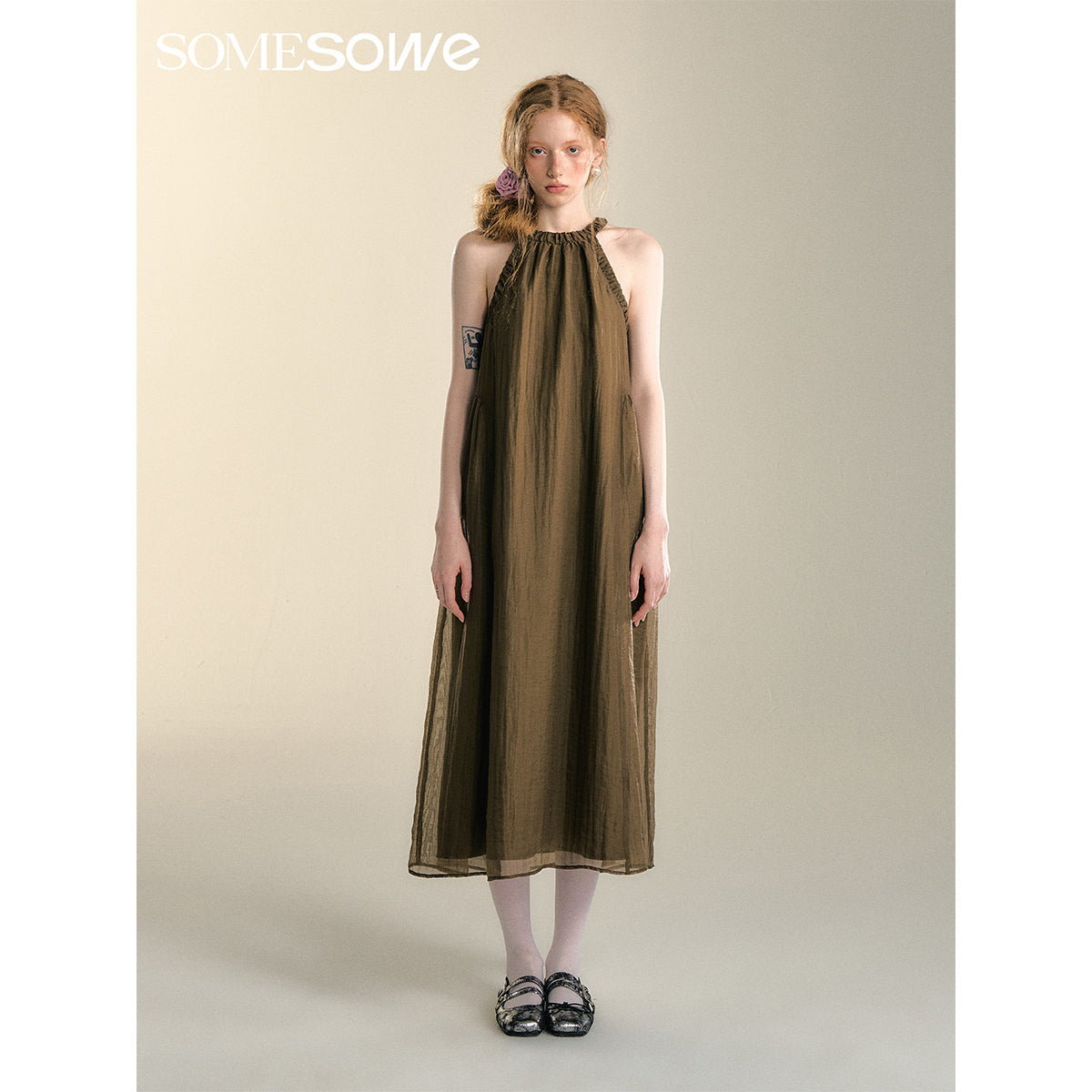 SomeSowe Pleated Texture Halter Dress Brown