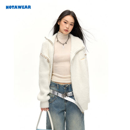 NotAwear Color Blocked Drawstring Zipper Knit Sweater White