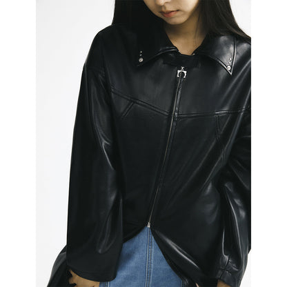 IFIK Oversized Zipper Leather Hooded Coat Black