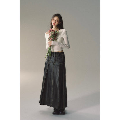 Via Pitti Brush-Off Leather Pleated Long Skirt Black