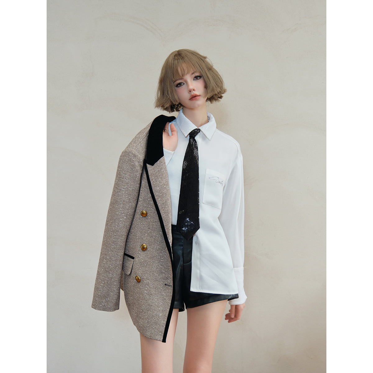 Eimismosol Color Blocked Golden Button Blazer Coat Khaki