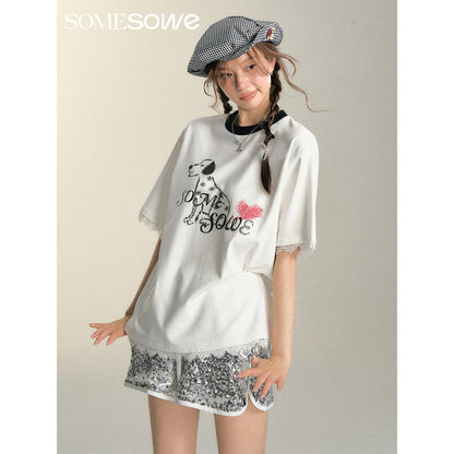 SomeSowe Spotted Puppy Heart Lace Edge T-Shirt