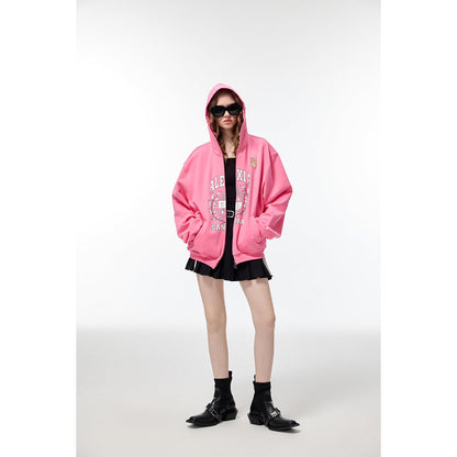 Alexia Sandra Printed Drop Shoulder Zip Up Hoodie Pink