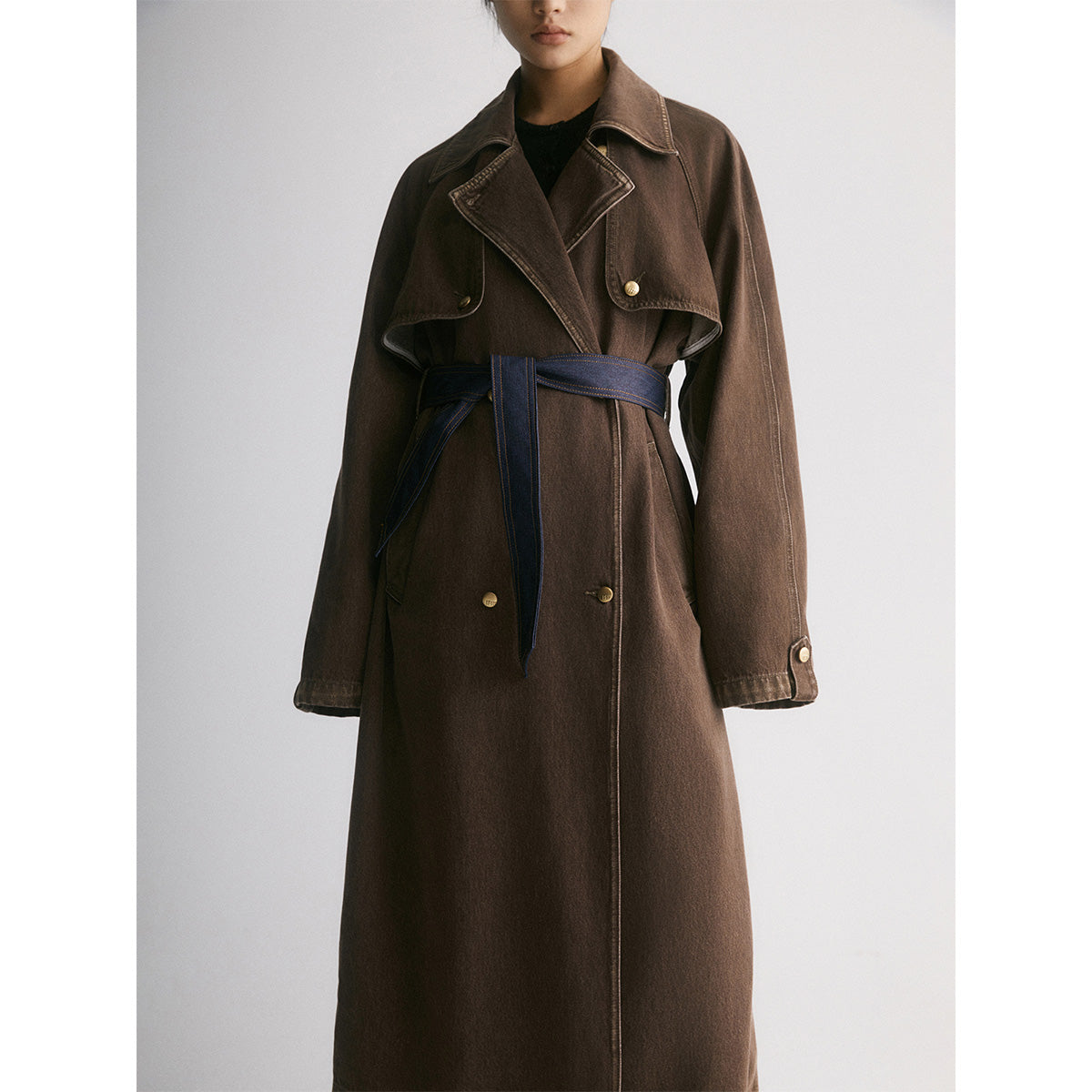 IFIK Color Blocked Long Denim Belt Coat Brown