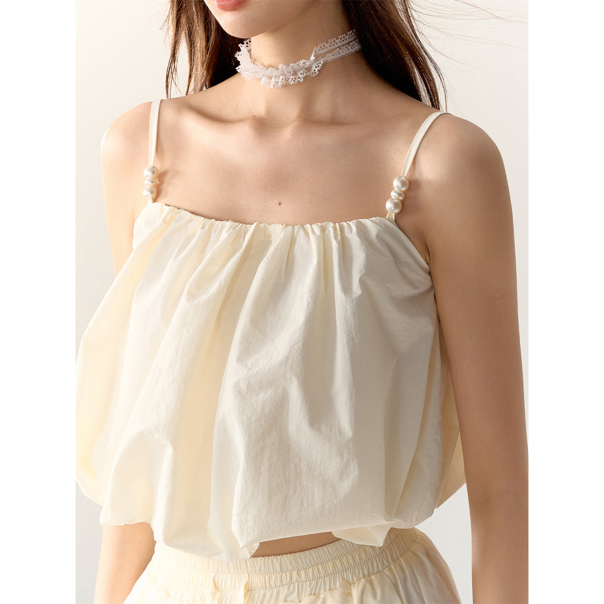 AsGony Pearl Beaded Strap Slip Vest Beige