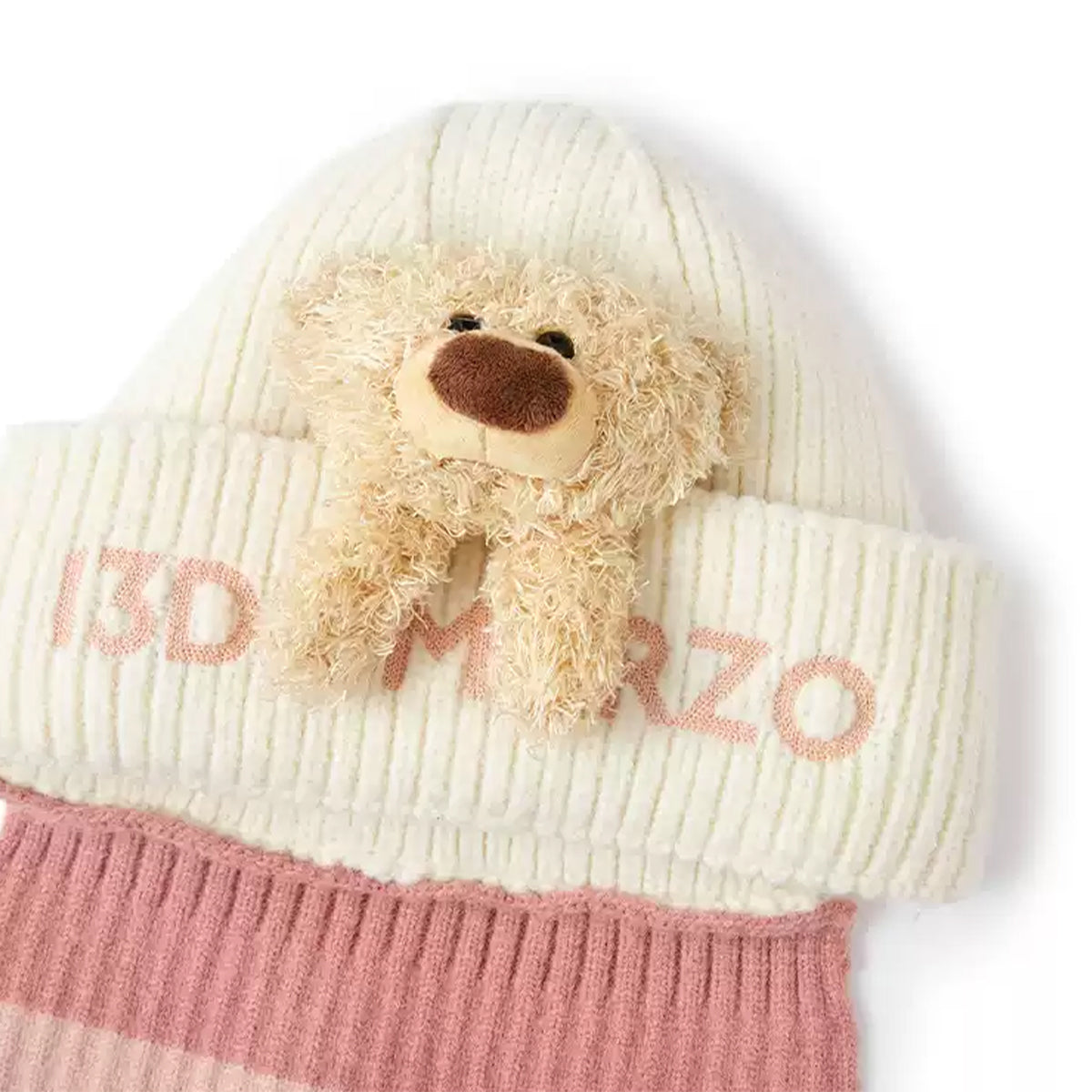 13De Marzo Plush Bear Skiing Hooded Knit Scarf Pink