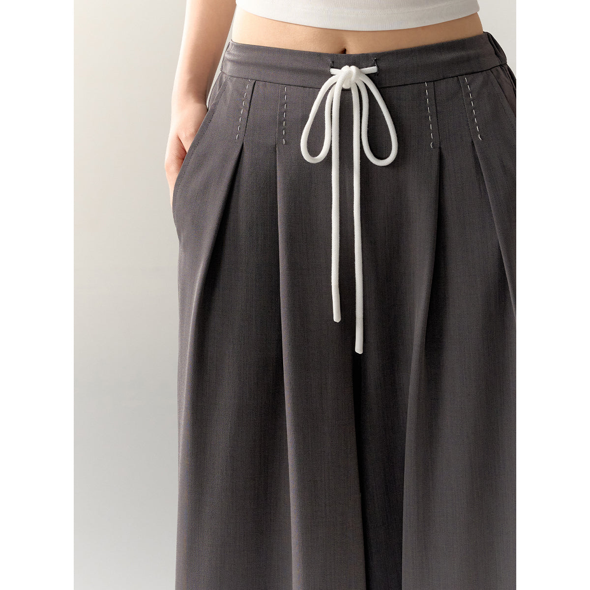 AsGony Stitching Drawstring Wide-Leg Suit Pants Gray