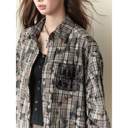 Via Pitti Heavy Plaid Patchwork Loose Shirt Khaki