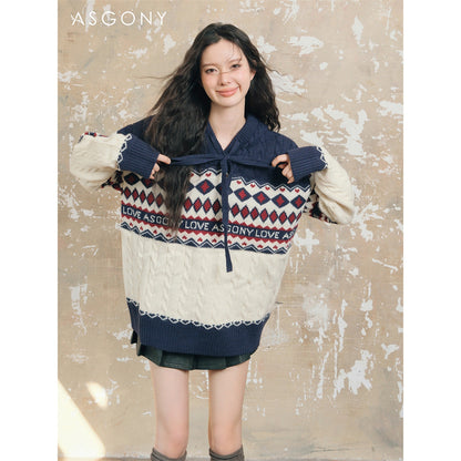 AsGony Fair Isle Oversized Knit Sweater Navy