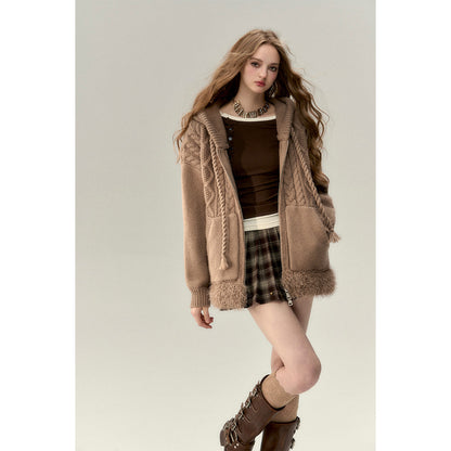 Via Pitti Fuzzy Edge Hooded Twist Knit Zipped Cardigan Brown