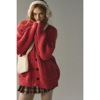 Via Pitti Waffle-Knit Cardigan Red