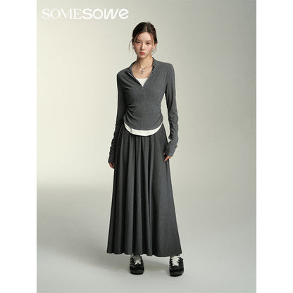 SomeSowe Wide A-Line Pleated Long Skirt Gray