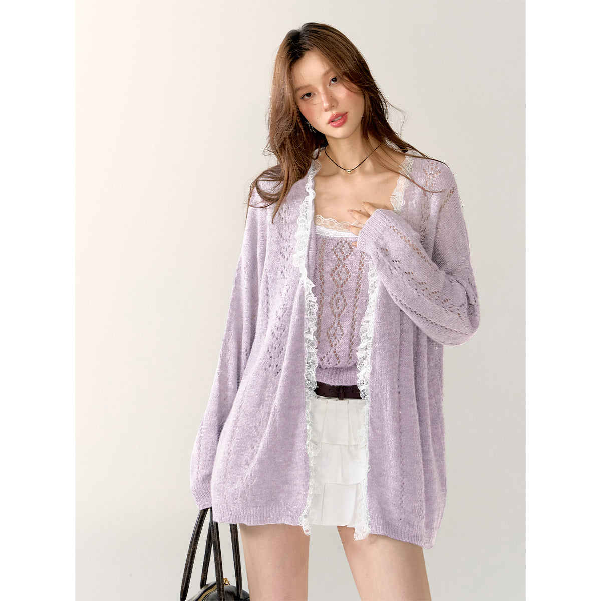 AsGony Lace Edge Hollow Cutting Knit Slip Vest Purple