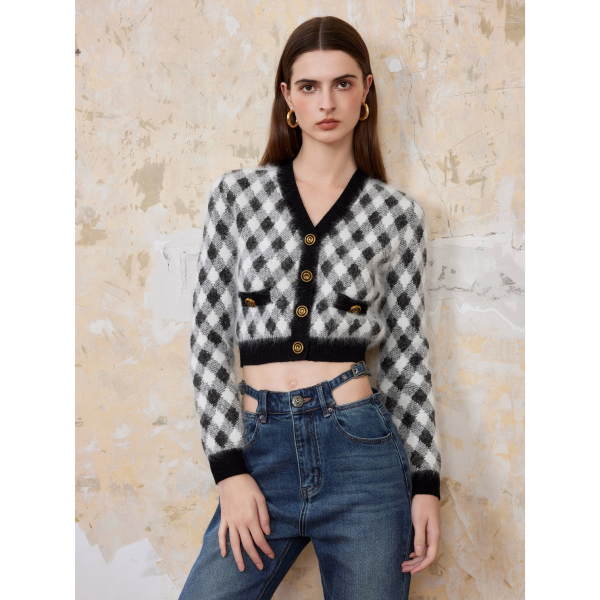 Rocha Roma Diamond Plaid Short Cardigan Black