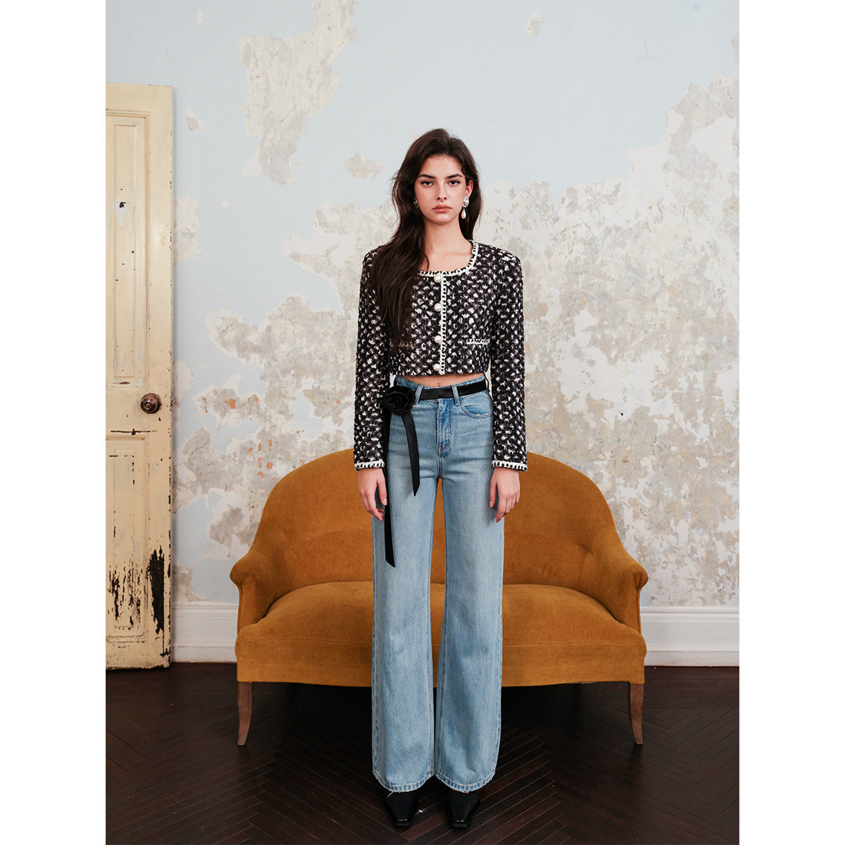 Rocha Roma Contrast Flower Belt Wide Leg Denim Pants