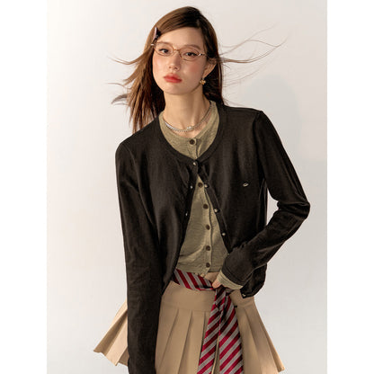 AsGony Contrast Color Fake-2-Piece Knit Cardigan Brown